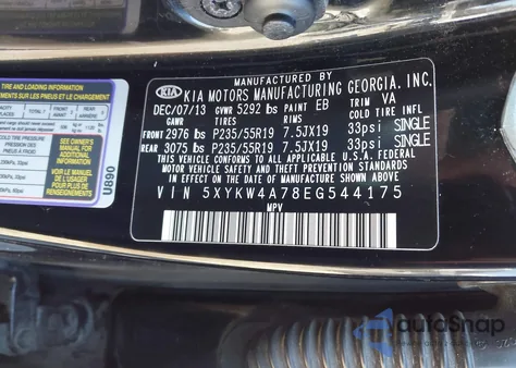 2014 Kia Sorento Sx from USA, damaged, VIN 5XYKW4A78EG544175